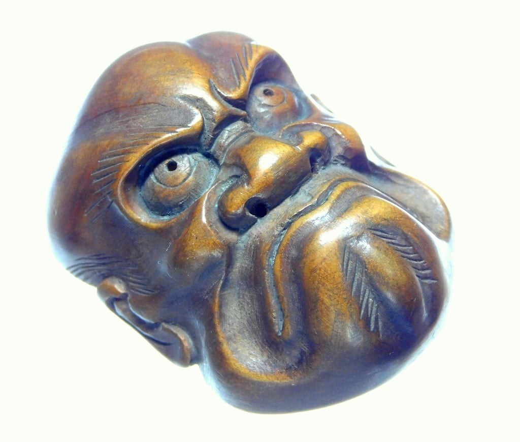 玉山 在銘 「能面尽くし おかめ 鬼 火男 猩々 」 柘植彫 根付 江戸時代