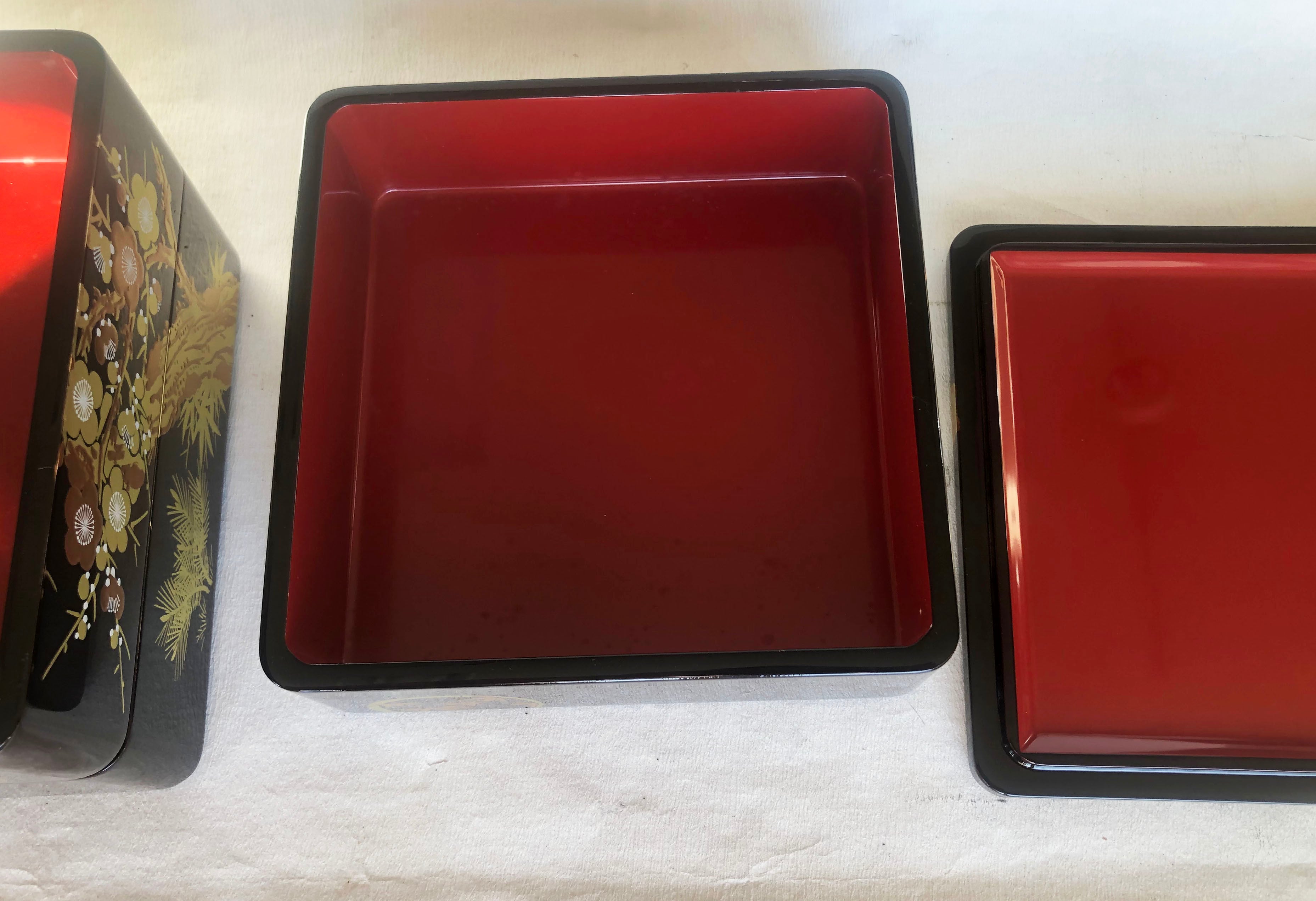 骨董 弁当箱 漆器 木製 重箱 木箱 お盆 セット 松葉に梅 骨董 弁当箱