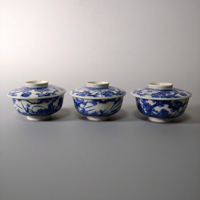 骨董アンティーク染付明染付巻貝芭蕉文様茶碗抹茶碗