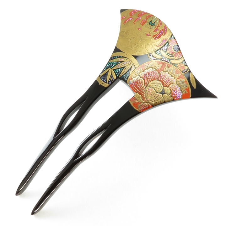 鼈甲 簪 螺鈿蒔絵 吉祥文様 (菊・水仙・竹・牡丹) 波型 かんざし