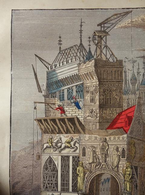 フランスアンティーク 1800年代の色刷り木版画 15世紀のパリ