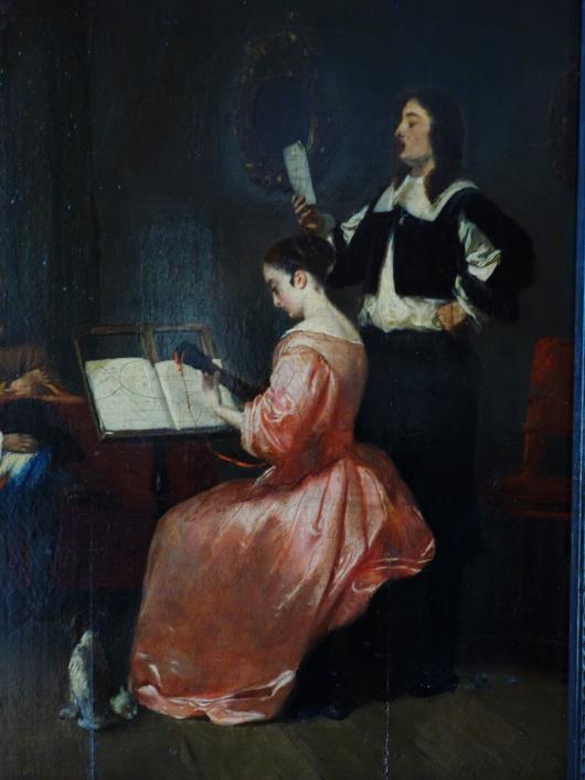 19世紀ロマン主義 アンティーク風ペン画｜貴婦人とバイオリン奏者 G