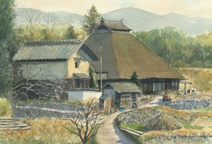 水墨画 民家 田園風景画 風景画 茅葺屋根 絵画