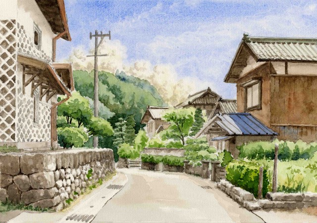 額縁付き日本田舎風景画 水彩画 額縁付き日本田舎風景画 水彩画