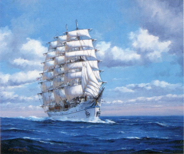 梶田達二帆船の油彩画 金色フレーム付き 梶田達二「翔洋満帆(初代日本