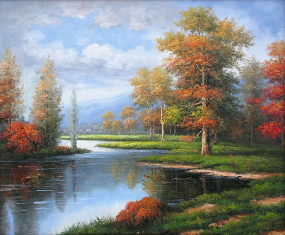 絵画 油絵 風景画 川沿いの並木道 F12 絵画 油絵 風景画 川沿いの