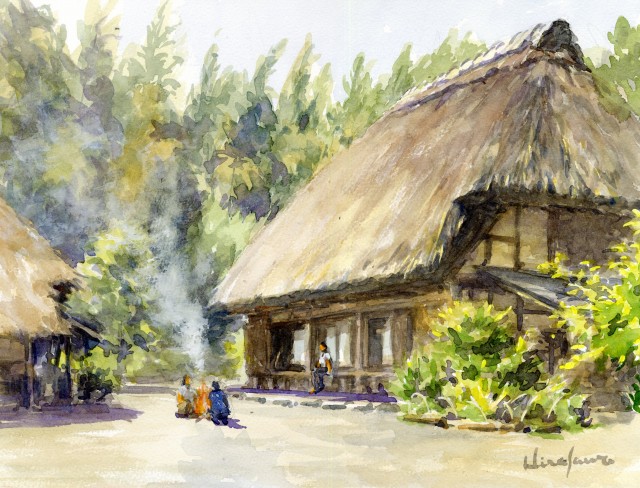 水墨画 民家 田園風景画 風景画 茅葺屋根 絵画