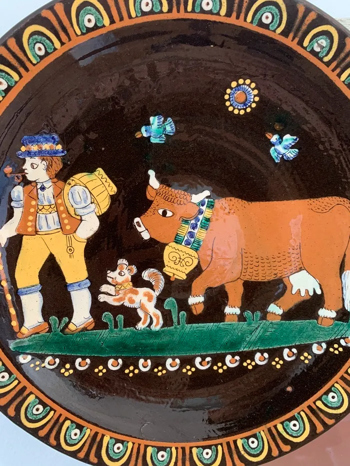 SOLDOUT-スイス 70s Rheineck ライネック 陶器 フォークアート 牛使い