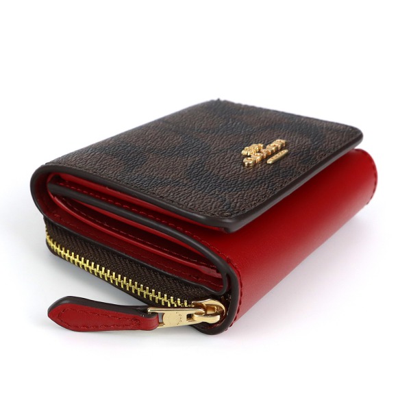 COACH 三つ折り財布 黒 赤 美品】COACH コーチ 格子柄 三つ折り財布