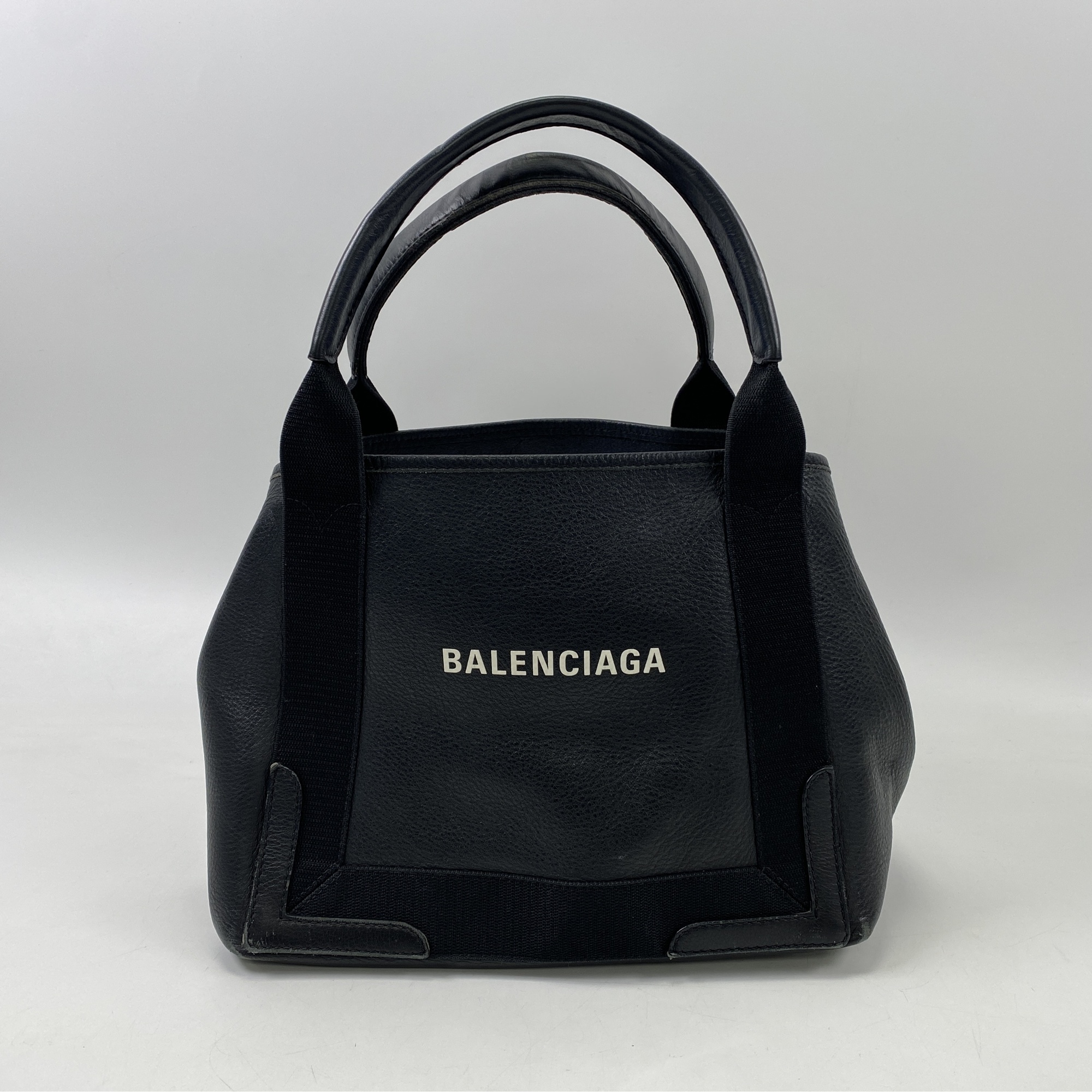 バレンシアガ ネイビーカバス ハンドバッグ 黒 レザー×キャンバス