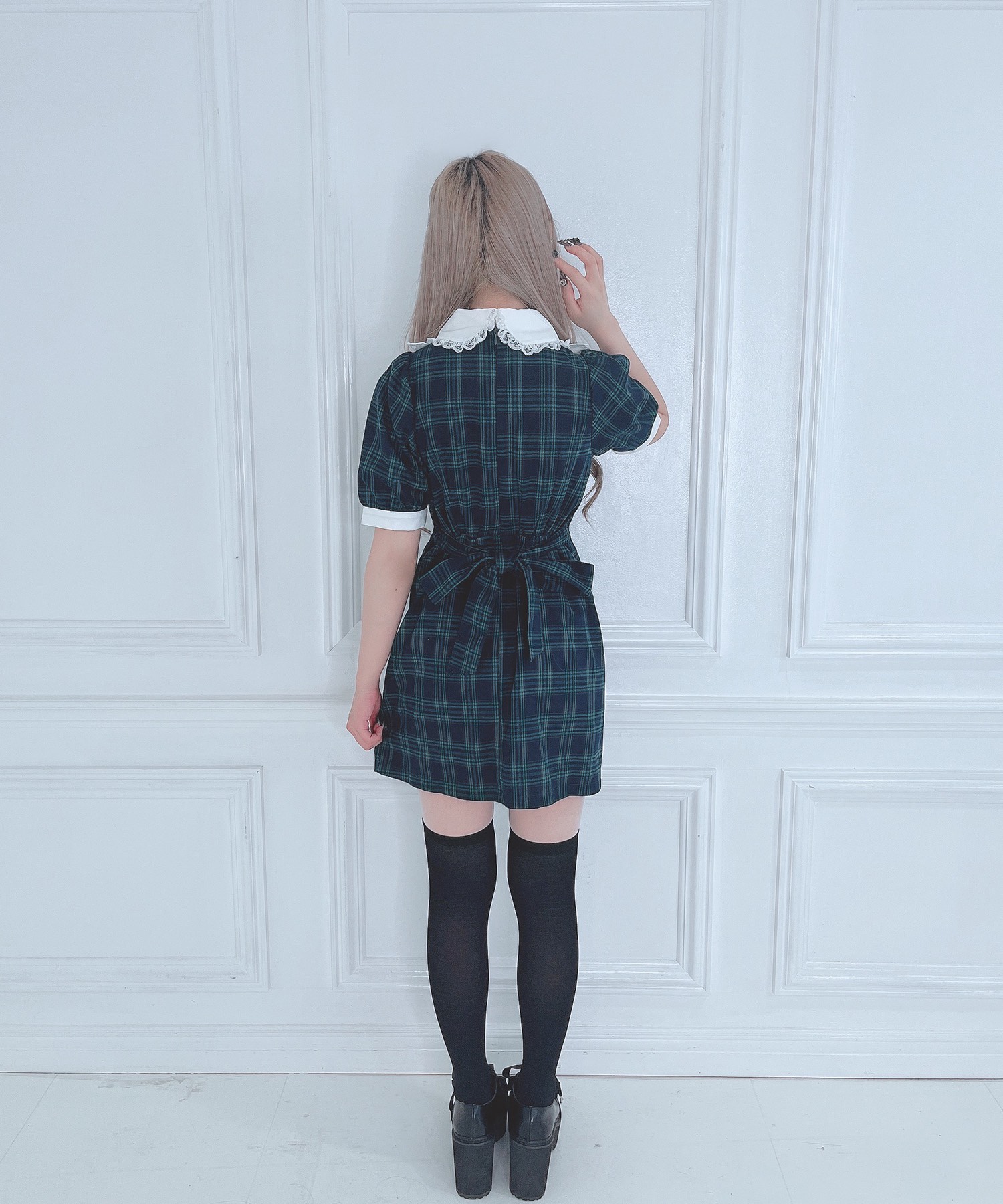 ハンドメイド ネイビーミックスチェック フリルワンピース