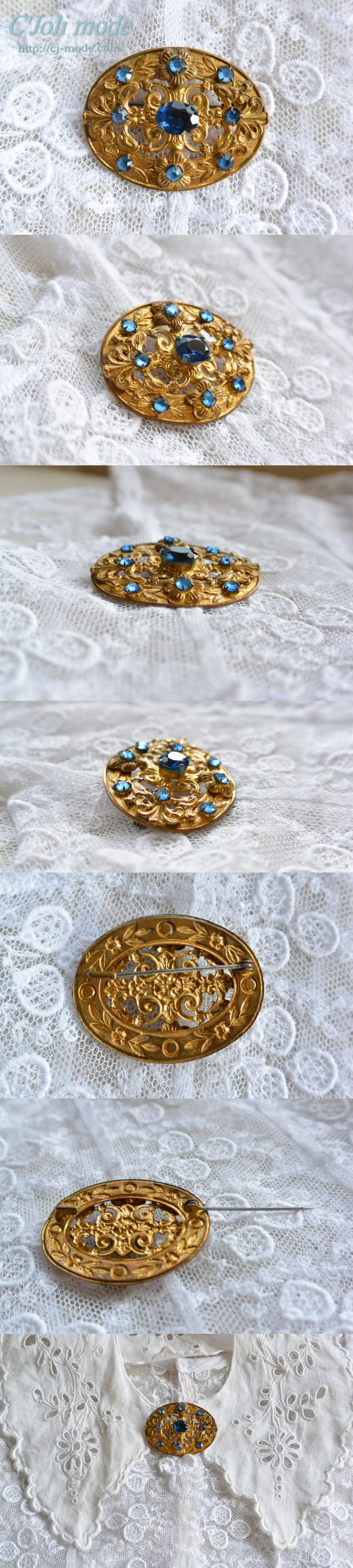 A-164 フランスアンティークブローチ フィリグリー＆ガラスブローチ