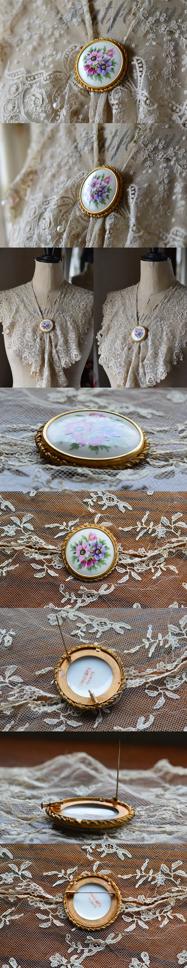 A-036 フランスアンティークブローチ リモージュ窯磁器ブローチ