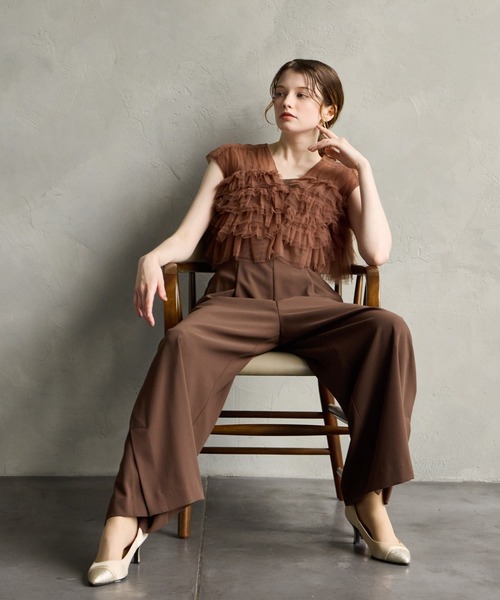 セール】【WEB限定】チュールフリルベスト×キャミソールオールインワン