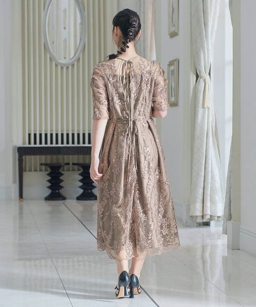 刺繍レース バックリボン パーティードレス 同窓会 二次会 （ドレス