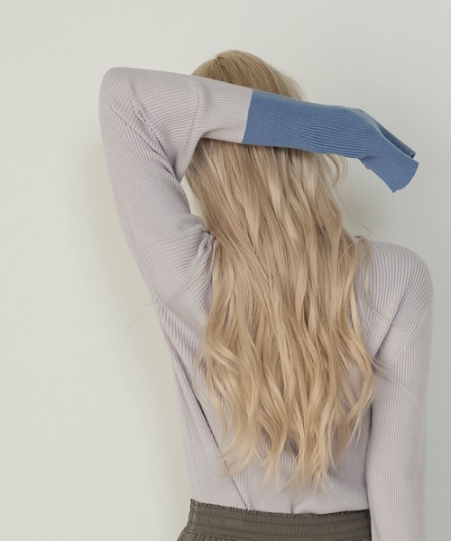 forksy.】【吸湿発熱】袖口配色スリットハイネックリブニット forksy