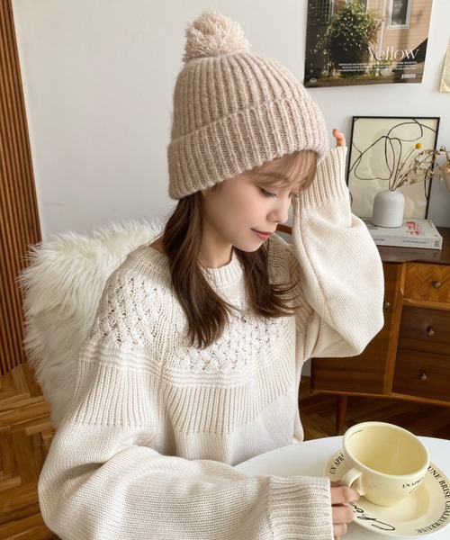 moment+（モーメントプラス）の「ウール混モヘアタッチニット帽