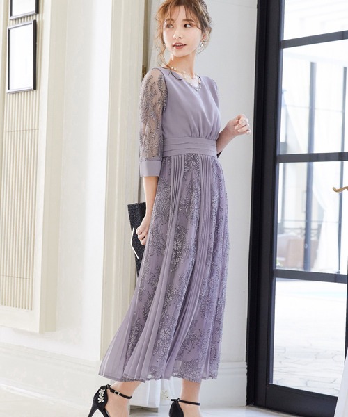 プリーツ×レース 7分袖結婚式ワンピースドレス 同窓会 二次会 ドレス