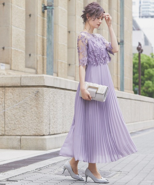 kana/フラワー刺繍 レース 切り替え プリーツロング パーティー ドレス