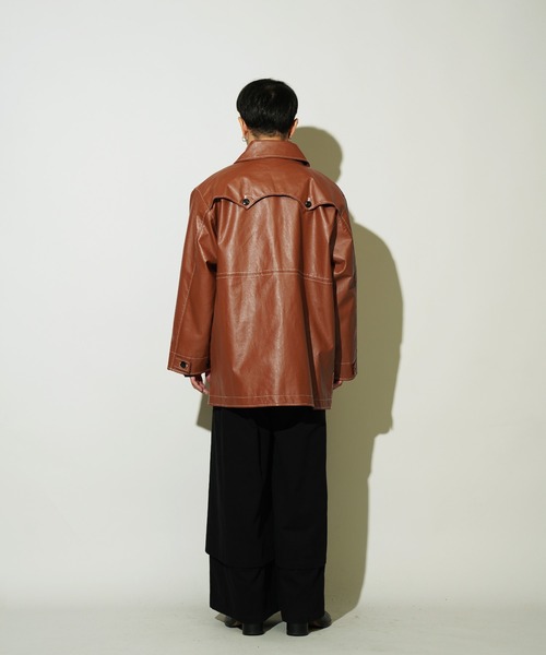 セール】フェイクレザー ウエスタンヨーク 配色ステッチ ミドル丈 カー