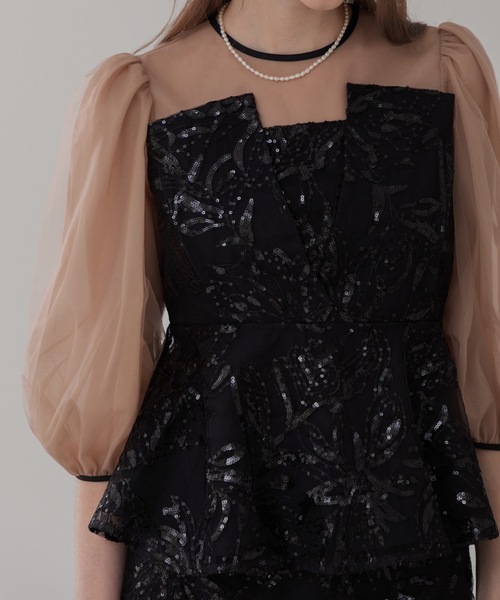 セール】【LEJA】シアーパフスリーブペプラムスパンコール花柄Iライン