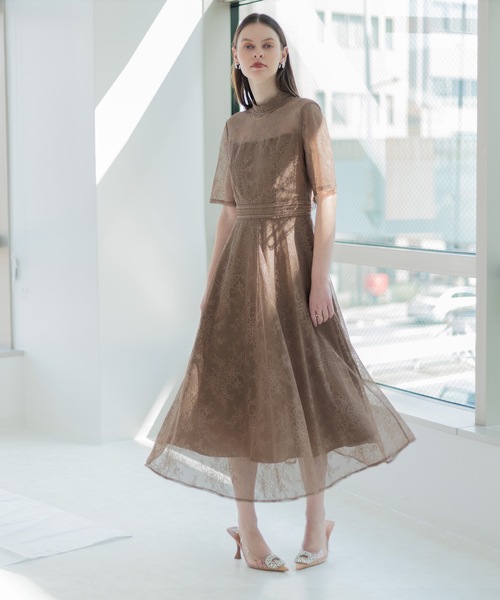 セール】【LEJA】ハイネック花柄レースウエストマーク透けロングドレス