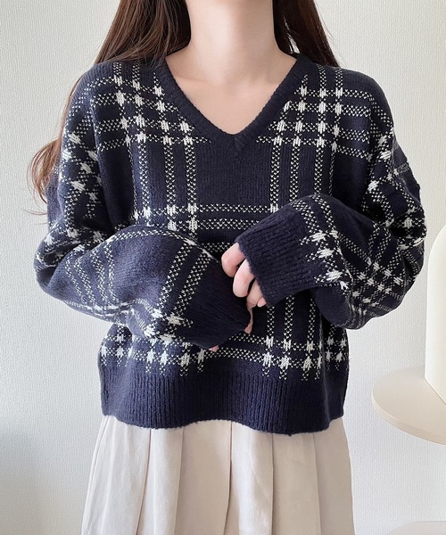 セール】Vネックチェックニット（ニット/セーター）｜Nana(ナナ)（ナナ