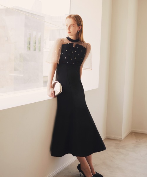 セール】【LEJA】花柄ストーンスパンコールチュールオーバーラップ