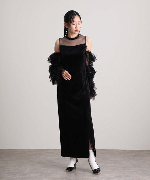 セール】結婚式パーティードレスデタッチドスリーブ袖あり&ミモレ丈