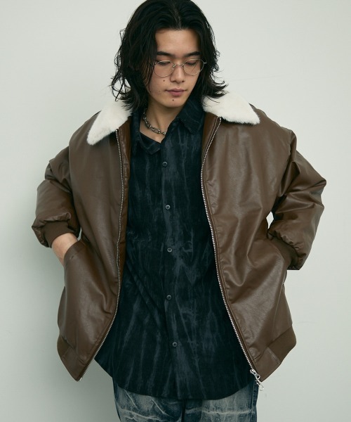 セール】fur collar synthetic leather jacket / 襟ファー合成皮革