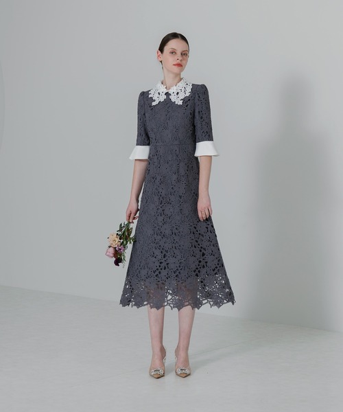 セール】【LEJA】花柄レースカラースパンコール刺繍Aラインフレ