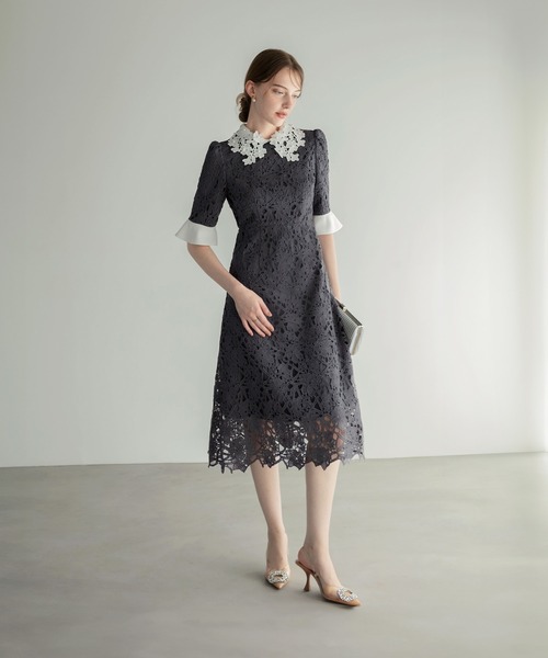 セール】【LEJA】花柄レースカラースパンコール刺繍Aラインフレ