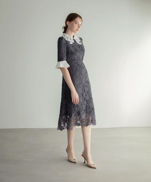 セール】【LEJA】花柄レースカラースパンコール刺繍Aラインフレ