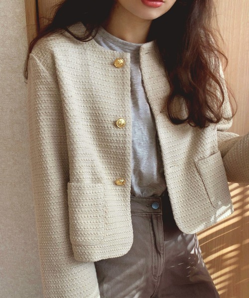 セール】金ボタンツイードジャケット（ノーカラージャケット）｜LAUIR