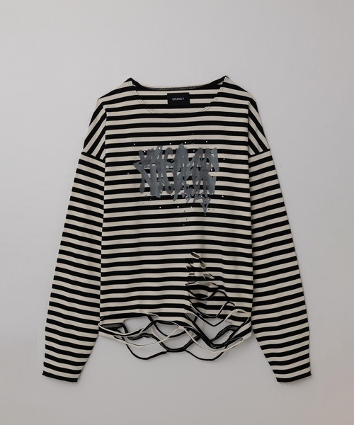 GRANCY ボーダーロンT GRANCY] ラインストーングラフィックロンT