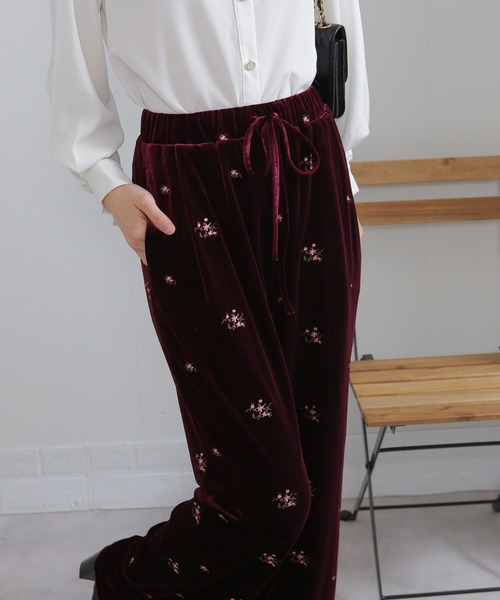 セール】花柄刺繍 ベロア イージーワイド パンツ（裏地付き）（その他