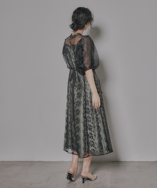 低身長用サイズあり】オーガンジーパフスリーブ刺繍レースドレス 結婚