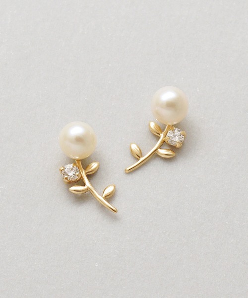 18金メッシュリーフ型パールピアス 18金メッシュリーフ型パールピアス