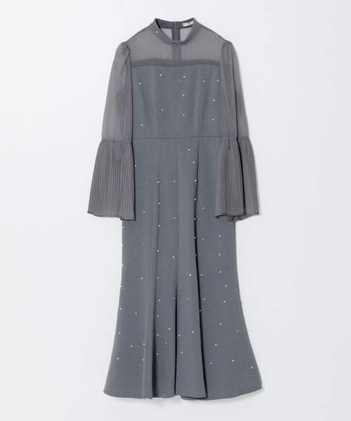 セール】【LEJA】パールビジュー付き透け感プリーツフレアスリーブ