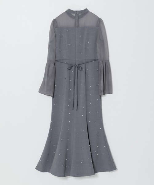 セール】【LEJA】パールビジュー付き透け感プリーツフレアスリーブ