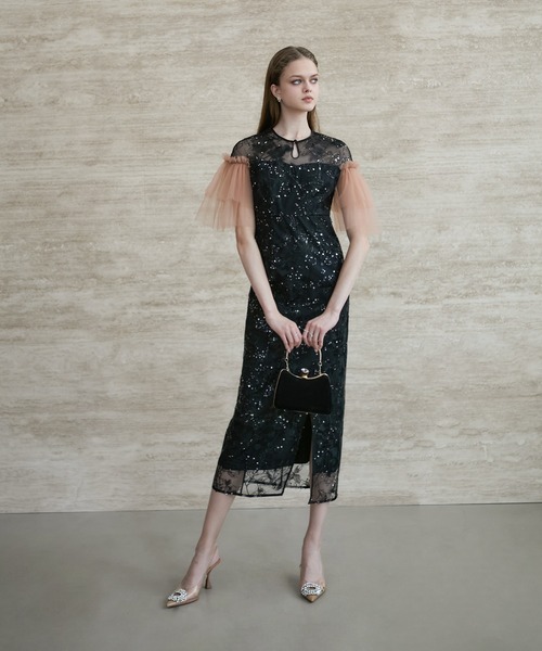 セール】【LEJA】フラワースパンコールチュールスリーブIラインドレス