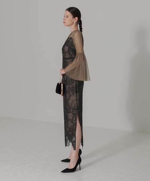 セール】【LEJA】異素材シアー刺繍レース透け感プリーツスリーブI