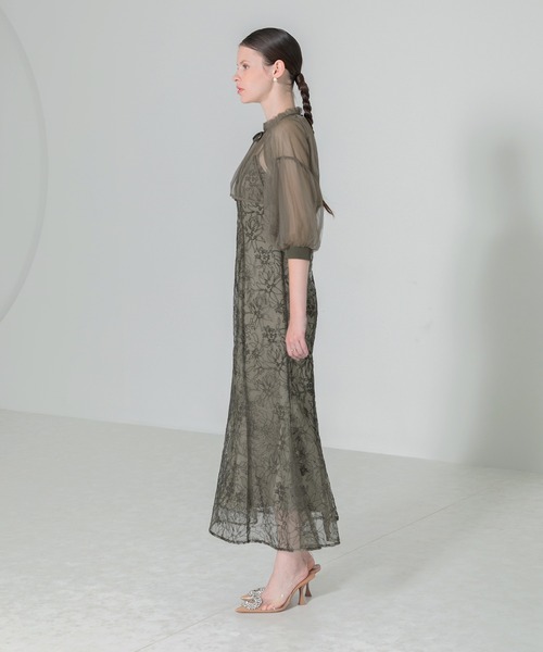 セール】【LEJA】リボン付きパフスリーブシアーボレロ刺繍レース