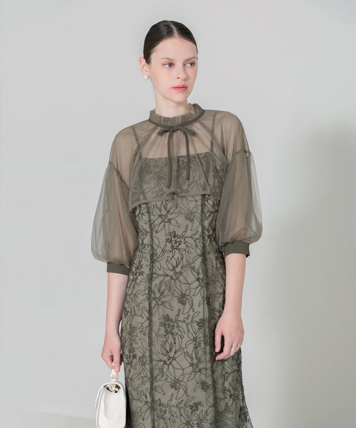 セール】【LEJA】リボン付きパフスリーブシアーボレロ刺繍レース