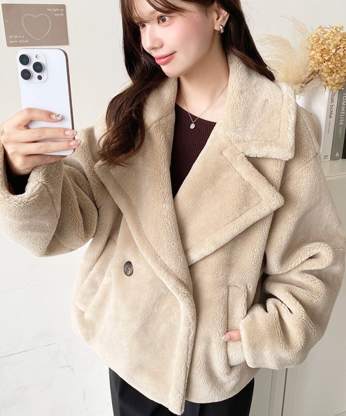 セール】きれい目テディベアボアショート丈Pコートジャケット（ボア