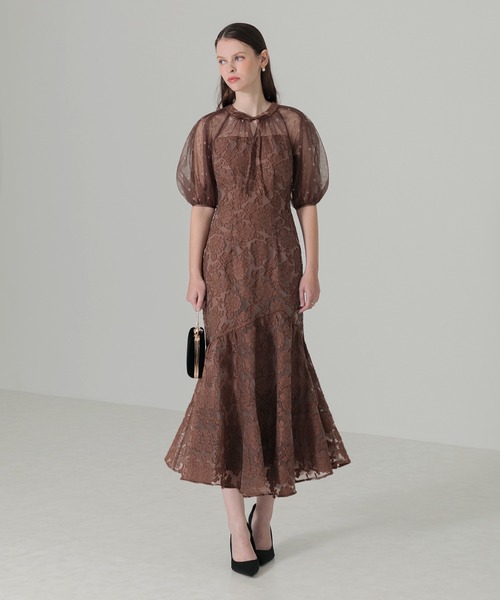 花柄リボンパフスリーブマーメイドワンピースドレス結婚式二次会