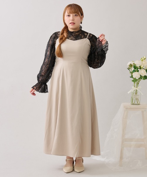 大きいサイズ】バックリボンチュールティアードワンピ+キャミワンピSET