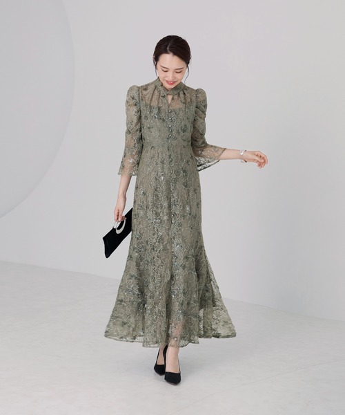 セール】【LEJA】スパンコール花柄刺繍ソフトパフスリーブマーメイド