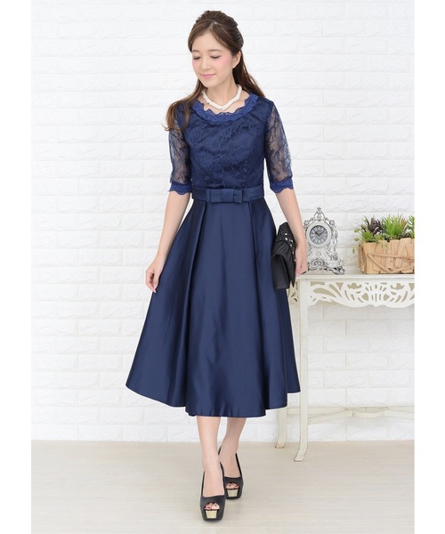 セール】ウエストリボン付きサテン風Aラインワンピース・ドレス