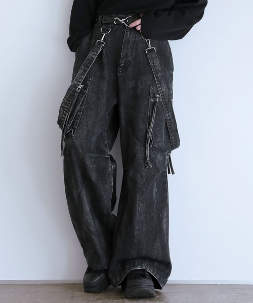 ルーズシルエットハイウエストサスペンダーZIPポケットデニムカーゴ